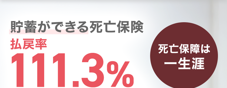 貯蓄ができる死亡保険
払戻率
111.3%
35歳女性 保険金額500万円 15年払 月払保険料14,435円
支払総額約260万円 払込期間経過直後に解約した場合
死亡保障は
一生涯
終身保険
ライズ
RISE
あなたにぴったりな保険が見つかる!