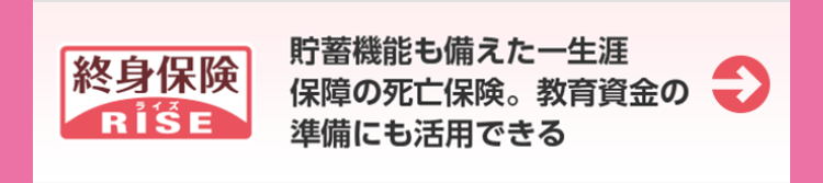 終身保険 |
ライズ
RISE
貯蓄機能も備えた一生涯
保障の死亡保険。 教育資金の
準備にも活用できる