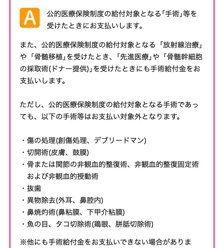 A 公的医療保険制度の給付対象となる「手術」等を
受けたときにお支払いします。
また、公的医療保険制度の給付対象となる 「放射線治療」
や 「骨髄移植」を受けたとき、 「先進医療」 や 「骨髄幹細胞
の採取術(ドナー提供)」 を受けたときにも手術給付金をお
支払いします。
ただし、公的医療保険制度の給付対象となる手術であっ
ても、以下の手術等はお支払い対象外となります。
.
傷の処理 (創傷処理、 デブリードマン)
・切開術(皮膚、鼓膜)
.
骨または関節の非観血的整復術、 非観血的整復固定術
•
•
.
および非観血的授動術
抜歯
異物除去 (外耳、鼻腔内)
鼻焼灼術(鼻粘膜、下甲介粘膜 )
・魚の目、タコ切除術 (鶏眼胼胝切除術)
※他にも手術給付金をお支払いできない場合がありま