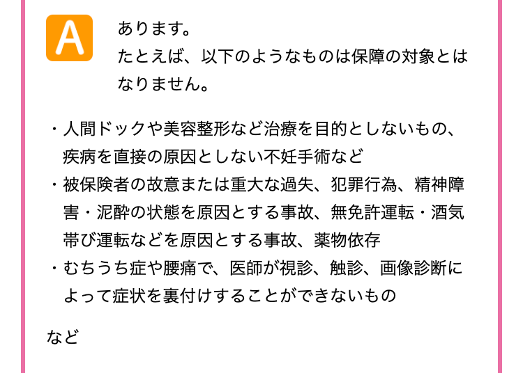 A
あります。
たとえば、以下のようなものは保障の対象とは
なりません。
人間ドックや美容整形など治療を目的としないもの、
疾病を直接の原因としない不妊手術など
被保険者の故意または重大な過失、犯罪行為、精神障
害・泥酔の状態を原因とする事故、 無免許運転・酒気
帯び運転などを原因とする事故、薬物依存
むちうち症や腰痛で、 医師が視診、 触診、 画像診断に
よって症状を裏付けすることができないもの
など