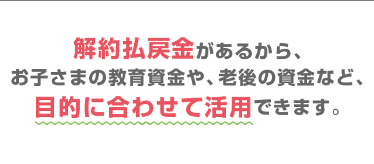 解約払戻金があるから、
お子さまの教育資金や、 老後の資金など、
目的に合わせて活用できます。