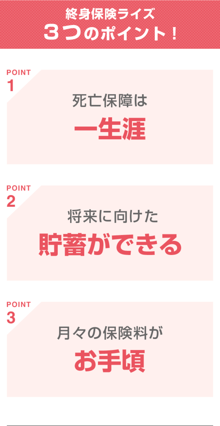 POINT
1
POINT
2
POINT
3
終身保険ライズ
3つのポイント!
死亡保障は
一生涯
将来に向けた
貯蓄ができる
月々の保険料が
お手頃