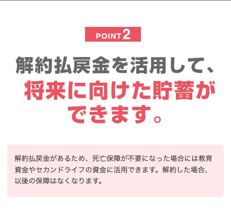 POINT 2
解約払戻金を活用して、
将来に向けた貯蓄が
できます。
解約払戻金があるため、 死亡保障が不要になった場合には教育
資金やセカンドライフの資金に活用できます。 解約した場合、
以後の保障はなくなります。