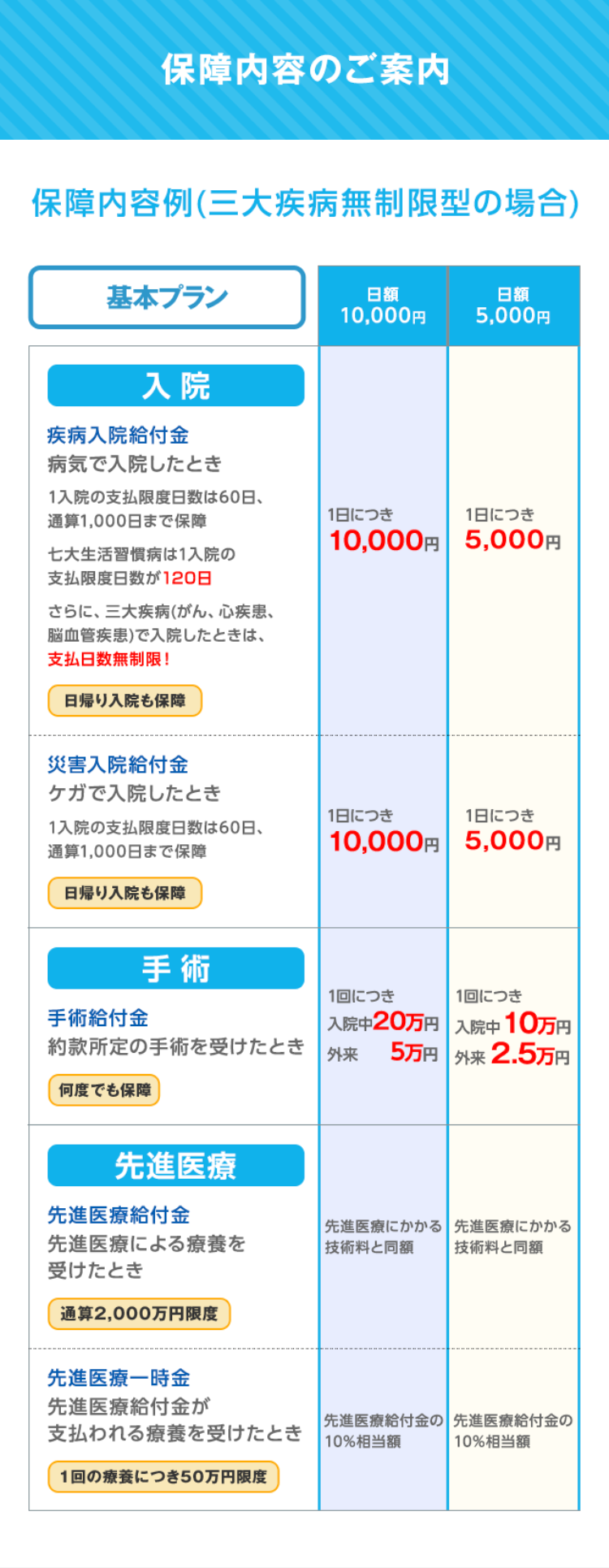 保障内容のご案内
保障内容例(三大疾病無制限型の場合)