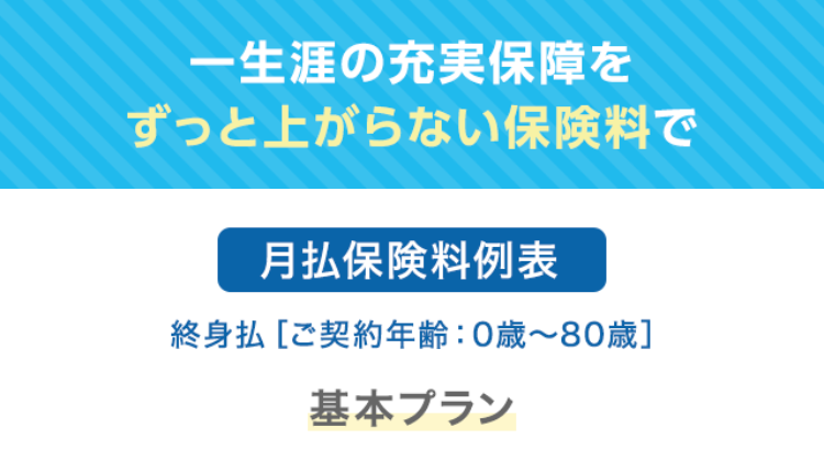 一生涯の充実保障をずっと上がらない保険料で
月払保険料例表 終身払［ご契約年齢：0歳〜80歳］
基本プラン