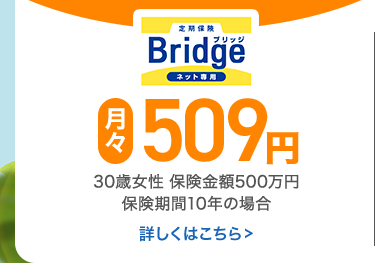 定期保陜
Bridge
ネット
月 509 円
30歳女性 保険金額500万円
保険期間10年の場合
詳しくはこちら>