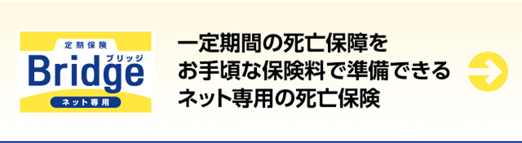 定期保険
一定期間の死亡保障を
Bridge お手頃な保険料で準備できる
ネット専用
ネット専用の死亡保険