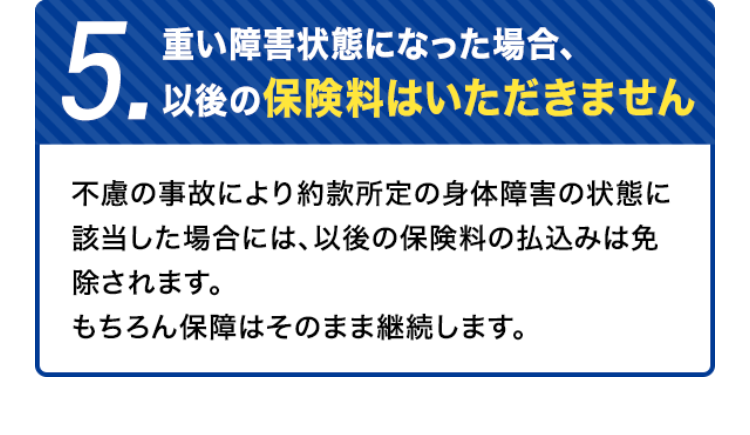 5.
重い障害状態になった場合、
以後の保険料はいただきません
不慮の事故により約款所定の身体障害の状態に
該当した場合には、 以後の保険料の払込みは免
除されます。
もちろん保障はそのまま継続します。