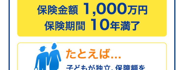 定期保険
ブリッジが
Bridge
ネット専用
選ばれる理由
1. 保険金額と
保険期間を選べる
保険金額は500万円から
保険
金額
最高3,000万円まで100万円単位で
選べます!
保険
期間
※年齢によってお申込みいただける保険金額が
異なります。
保険期間は年満了と歳満了から選べます!
10年満了から30年満了まで、 60歳満了から80
歳満了まで5年刻みで選べます。
年満了(自動更新タイプ) 年数で選ぶ場合
一定期間の備えを手厚くしたい方や保障
の上乗せにおすすめ!
10年
15年
20年
25年
30年 満了
保険期間を短く設定することで、 当面の保険料
を抑えることができます。 また更新時に保障の
見直しができます。
※自動更新は最長80歳までです。
※更新後の保険料は、 更新時の被保険者の年齢
および保険料率により計算します。
歳満了 (長期保障タイプ) 年齢で選ぶ場合
60歳
65歳
70歳
75歳
80歳
満了
安心の保障を長く備えたい方におすすめ!
保険期間満了まで保険料はご加入時のまま上
がりません。
※歳満了の場合は自動更新がありません。
死亡保険はあなたに万一のことがあったとき、の
こされたご家族の大事な生活資金になります。
シングル、ご夫婦、小さいお子さまがいる・・・など
ライフステージの変化によって必要保障額も変
わります。
万一のとき、必要な保障がなくて困ることがな
いように
今のあなたにぴったりなプランを
選ぶことができます。
たとえば...
子どもが生まれたので、
成人するまで備えたい!
保険金額 3,000万円
保険期間 20年満了
+α
たとえば...
すでに加入している保険に、
一時的に上乗せしたい!
保険金額 1,000万円
保険期間 10年満了
たとえば...
子どもが独立、保障額を
減らして80歳まで備えたい!
保険金額 500万円
保険期間 80歳満了