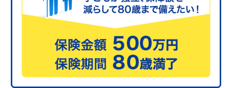定期保険
ブリッジが
Bridge
ネット専用
選ばれる理由
1. 保険金額と
保険期間を選べる
保険金額は500万円から
保険
金額
最高3,000万円まで100万円単位で
選べます!
保険
期間
※年齢によってお申込みいただける保険金額が
異なります。
保険期間は年満了と歳満了から選べます!
10年満了から30年満了まで、 60歳満了から80
歳満了まで5年刻みで選べます。
年満了(自動更新タイプ) 年数で選ぶ場合
一定期間の備えを手厚くしたい方や保障
の上乗せにおすすめ!
10年
15年
20年
25年
30年 満了
保険期間を短く設定することで、 当面の保険料
を抑えることができます。 また更新時に保障の
見直しができます。
※自動更新は最長80歳までです。
※更新後の保険料は、 更新時の被保険者の年齢
および保険料率により計算します。
歳満了 (長期保障タイプ) 年齢で選ぶ場合
60歳
65歳
70歳
75歳
80歳
満了
安心の保障を長く備えたい方におすすめ!
保険期間満了まで保険料はご加入時のまま上
がりません。
※歳満了の場合は自動更新がありません。
死亡保険はあなたに万一のことがあったとき、の
こされたご家族の大事な生活資金になります。
シングル、ご夫婦、小さいお子さまがいる・・・など
ライフステージの変化によって必要保障額も変
わります。
万一のとき、必要な保障がなくて困ることがな
いように
今のあなたにぴったりなプランを
選ぶことができます。
たとえば...
子どもが生まれたので、
成人するまで備えたい!
保険金額 3,000万円
保険期間 20年満了
+α
たとえば...
すでに加入している保険に、
一時的に上乗せしたい!
保険金額 1,000万円
保険期間 10年満了
たとえば...
子どもが独立、保障額を
減らして80歳まで備えたい!
保険金額 500万円
保険期間 80歳満了