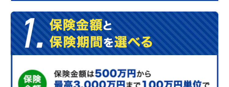 定期保険
ブリッジが
Bridge
ネット専用
選ばれる理由
1. 保険金額と
保険期間を選べる
保険金額は500万円から
保険
金額
最高3,000万円まで100万円単位で
選べます!
保険
期間
※年齢によってお申込みいただける保険金額が
異なります。
保険期間は年満了と歳満了から選べます!
10年満了から30年満了まで、 60歳満了から80
歳満了まで5年刻みで選べます。
年満了(自動更新タイプ) 年数で選ぶ場合
一定期間の備えを手厚くしたい方や保障
の上乗せにおすすめ!
10年
15年
20年
25年
30年 満了
保険期間を短く設定することで、 当面の保険料
を抑えることができます。 また更新時に保障の
見直しができます。
※自動更新は最長80歳までです。
※更新後の保険料は、 更新時の被保険者の年齢
および保険料率により計算します。
歳満了 (長期保障タイプ) 年齢で選ぶ場合
60歳
65歳
70歳
75歳
80歳
満了
安心の保障を長く備えたい方におすすめ!
保険期間満了まで保険料はご加入時のまま上
がりません。
※歳満了の場合は自動更新がありません。
死亡保険はあなたに万一のことがあったとき、の
こされたご家族の大事な生活資金になります。
シングル、ご夫婦、小さいお子さまがいる・・・など
ライフステージの変化によって必要保障額も変
わります。
万一のとき、必要な保障がなくて困ることがな
いように
今のあなたにぴったりなプランを
選ぶことができます。
たとえば...
子どもが生まれたので、
成人するまで備えたい!
保険金額 3,000万円
保険期間 20年満了
+α
たとえば...
すでに加入している保険に、
一時的に上乗せしたい!
保険金額 1,000万円
保険期間 10年満了
たとえば...
子どもが独立、保障額を
減らして80歳まで備えたい!
保険金額 500万円
保険期間 80歳満了