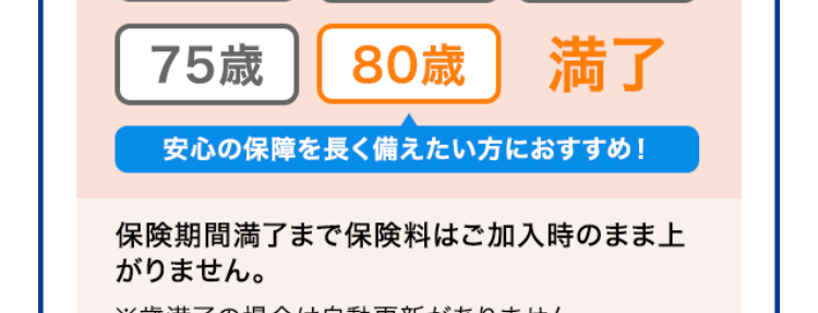 定期保険
ブリッジが
Bridge
ネット専用
選ばれる理由
1. 保険金額と
保険期間を選べる
保険金額は500万円から
保険
金額
最高3,000万円まで100万円単位で
選べます!
保険
期間
※年齢によってお申込みいただける保険金額が
異なります。
保険期間は年満了と歳満了から選べます!
10年満了から30年満了まで、 60歳満了から80
歳満了まで5年刻みで選べます。
年満了(自動更新タイプ) 年数で選ぶ場合
一定期間の備えを手厚くしたい方や保障
の上乗せにおすすめ!
10年
15年
20年
25年
30年 満了
保険期間を短く設定することで、 当面の保険料
を抑えることができます。 また更新時に保障の
見直しができます。
※自動更新は最長80歳までです。
※更新後の保険料は、 更新時の被保険者の年齢
および保険料率により計算します。
歳満了 (長期保障タイプ) 年齢で選ぶ場合
60歳
65歳
70歳
75歳
80歳
満了
安心の保障を長く備えたい方におすすめ!
保険期間満了まで保険料はご加入時のまま上
がりません。
※歳満了の場合は自動更新がありません。
死亡保険はあなたに万一のことがあったとき、の
こされたご家族の大事な生活資金になります。
シングル、ご夫婦、小さいお子さまがいる・・・など
ライフステージの変化によって必要保障額も変
わります。
万一のとき、必要な保障がなくて困ることがな
いように
今のあなたにぴったりなプランを
選ぶことができます。
たとえば...
子どもが生まれたので、
成人するまで備えたい!
保険金額 3,000万円
保険期間 20年満了
+α
たとえば...
すでに加入している保険に、
一時的に上乗せしたい!
保険金額 1,000万円
保険期間 10年満了
たとえば...
子どもが独立、保障額を
減らして80歳まで備えたい!
保険金額 500万円
保険期間 80歳満了